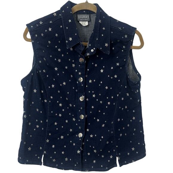 Roughrider western denim vest women x-large silver stars rodeo ranch wear - Picture 1 of 9